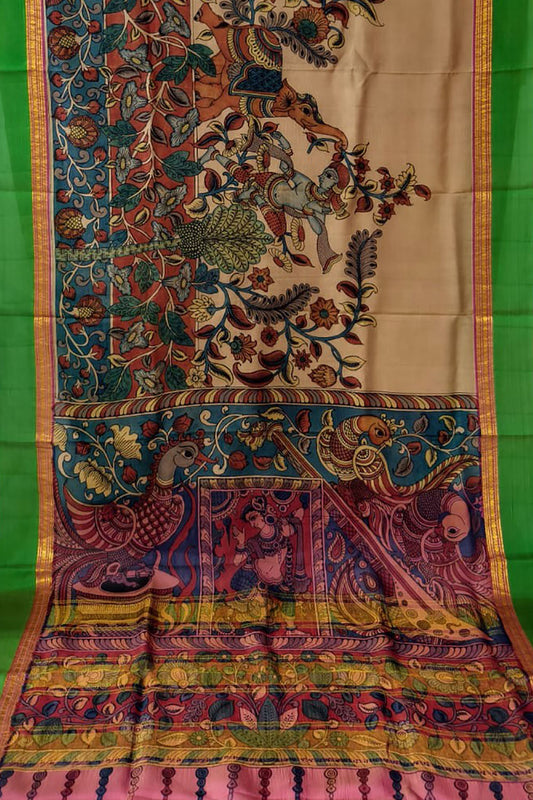 Pastel Hand Painted Kalamkari Kanjeevaram Pure Silk Saree - Luxurion World