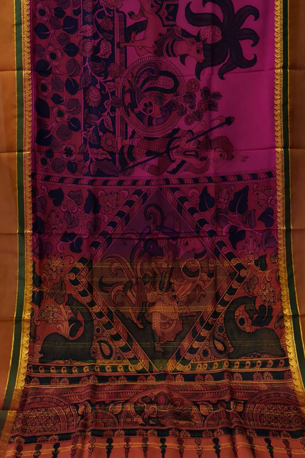 Pink Hand Painted Kalamkari Kanjeevaram Pure Silk Saree - Luxurion World