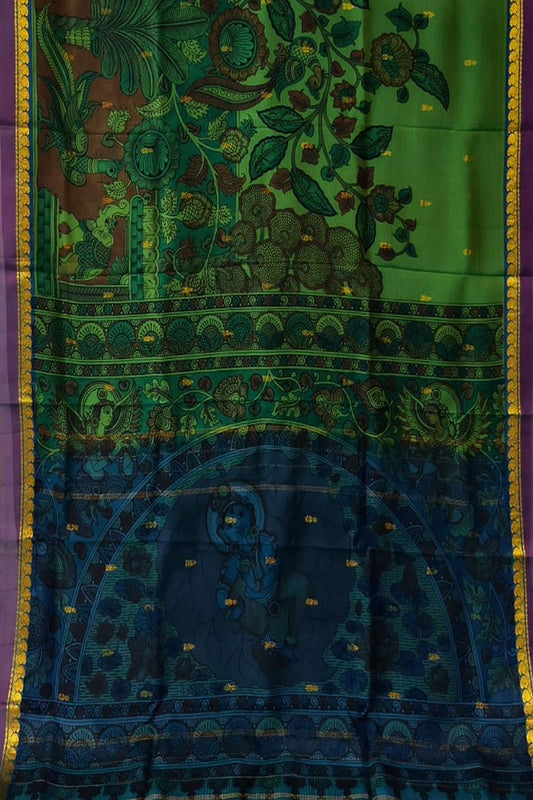 Green Hand Painted Kalamkari Kanjeevaram Pure Silk Saree - Luxurion World