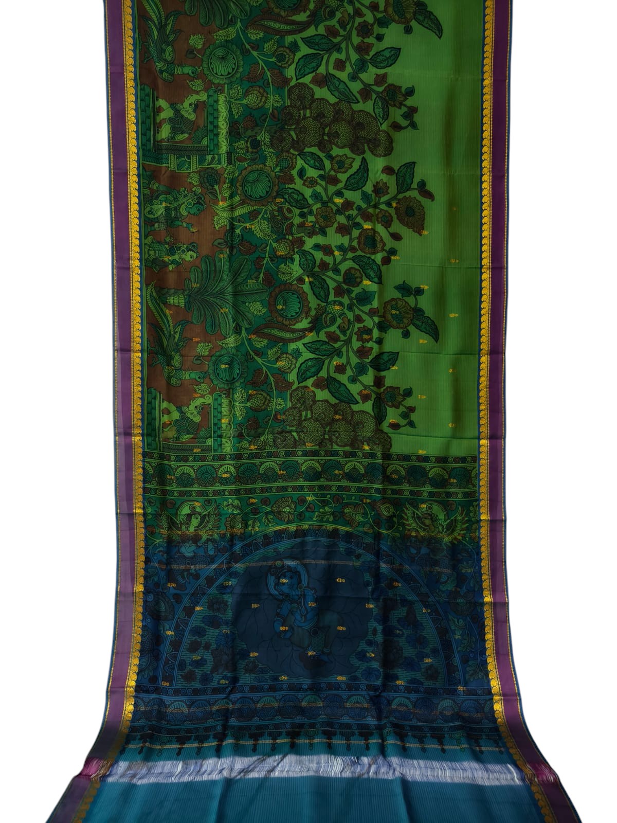 Green Hand Painted Kalamkari Kanjeevaram Pure Silk Saree - Luxurion World
