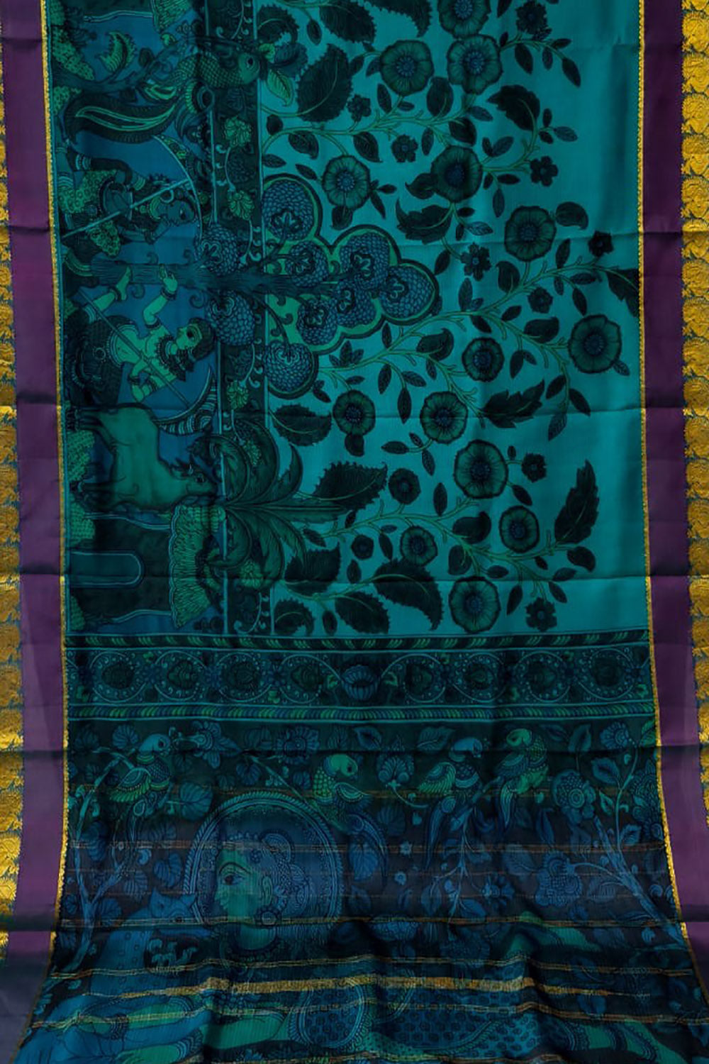 Blue Hand Painted Kalamkari Kanjeevaram Pure Silk Saree - Luxurion World