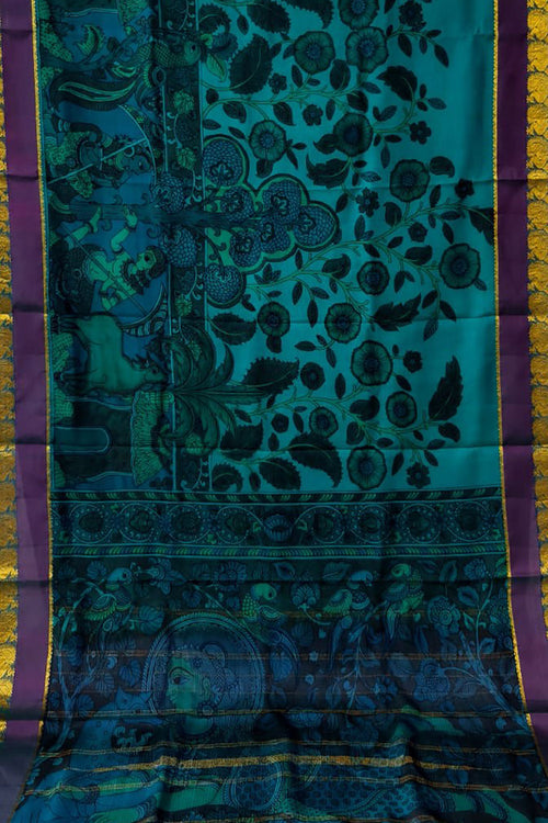 Blue Hand Painted Kalamkari Kanjeevaram Pure Silk Saree - Luxurion World