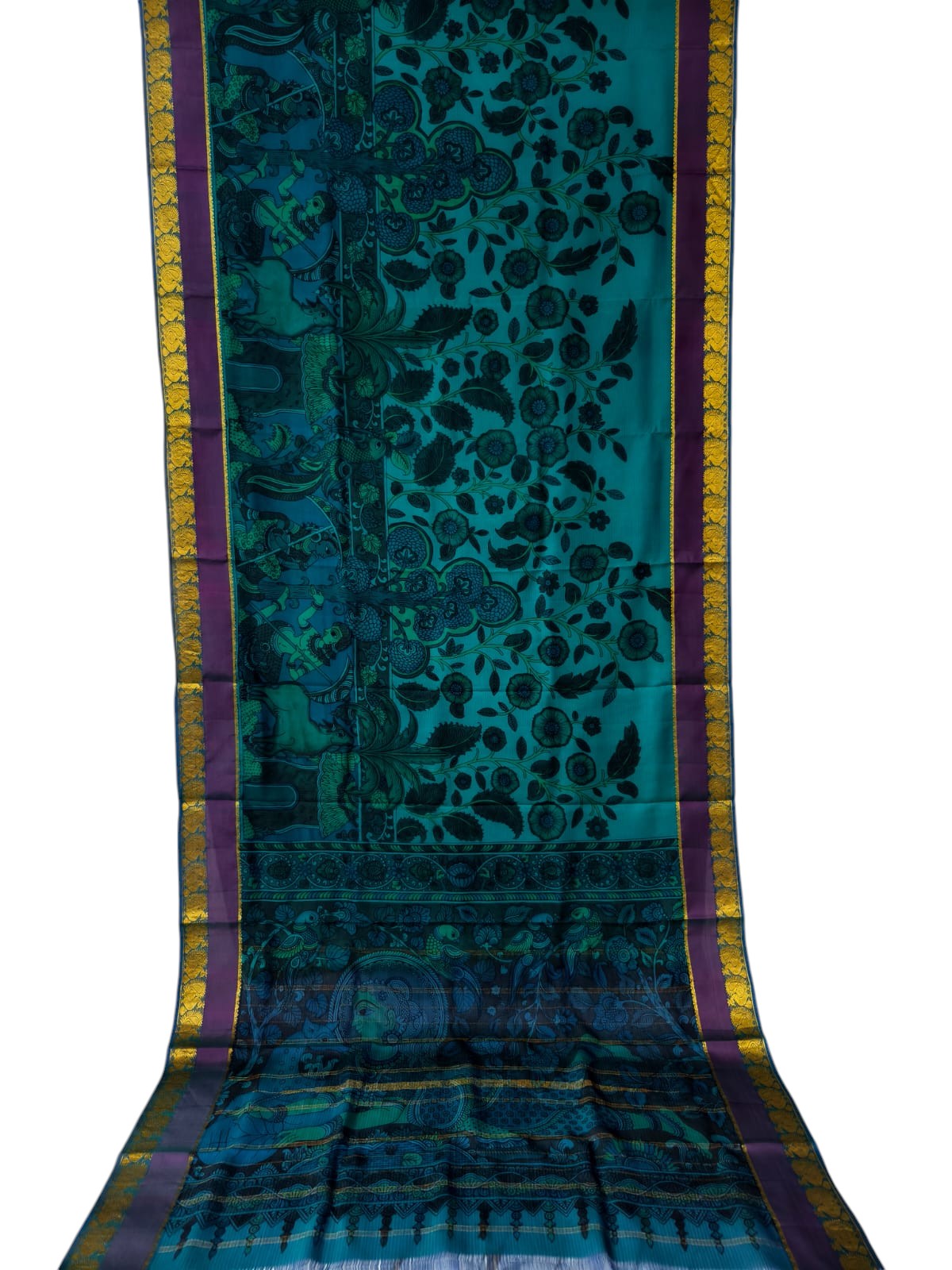 Blue Hand Painted Kalamkari Kanjeevaram Pure Silk Saree - Luxurion World