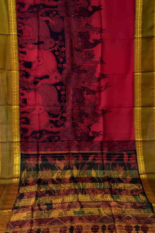 Pink Hand Painted Kalamkari Kanjeevaram Pure Silk Saree - Luxurion World
