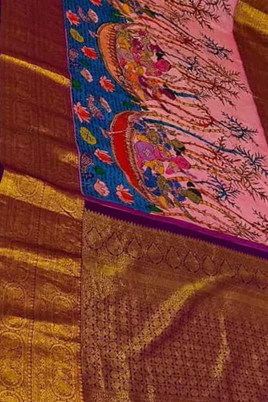 Exquisite Pink Kanjeevaram Pure Silk Handloom Pen Kalamakari Saree - Luxurion World