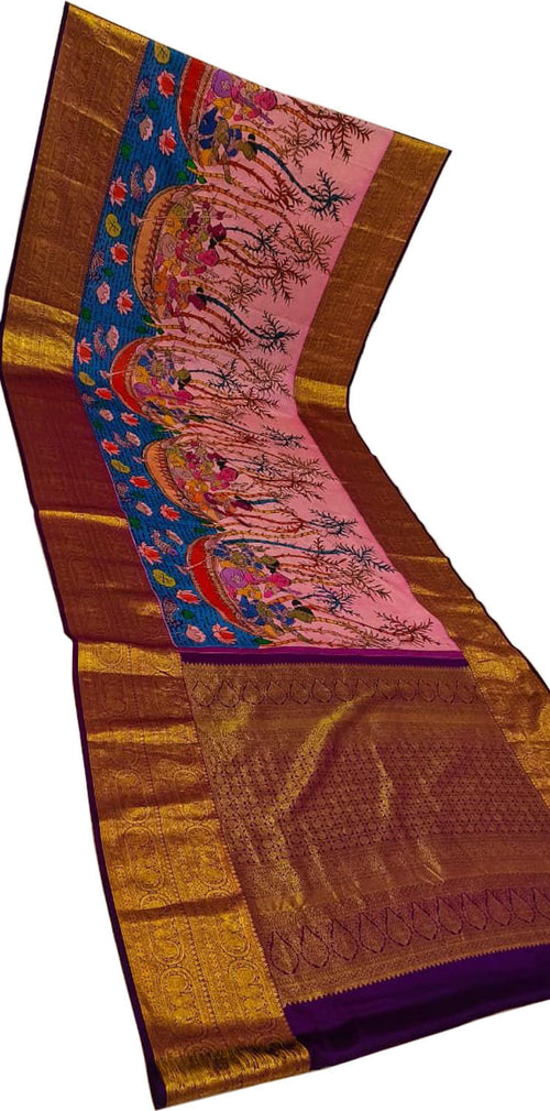 Exquisite Pink Kanjeevaram Pure Silk Handloom Pen Kalamakari Saree - Luxurion World