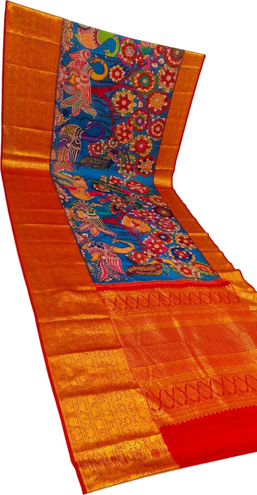 Blue Kanjeevaram Pure Silk Handloom Pen Kalamakari Saree - Luxurion World
