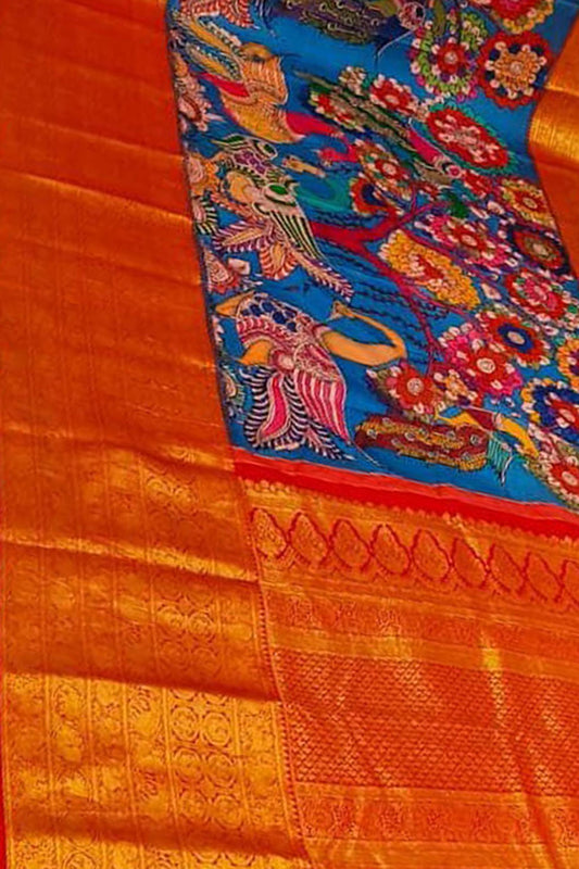 Blue Kanjeevaram Pure Silk Handloom Pen Kalamakari Saree - Luxurion World