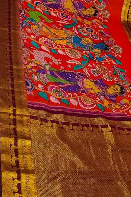 Multicolor Kanjeevaram Pure Silk Handloom Pen Kalamakari Saree - Luxurion World