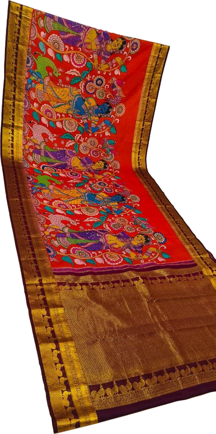 Multicolor Kanjeevaram Pure Silk Handloom Pen Kalamakari Saree - Luxurion World
