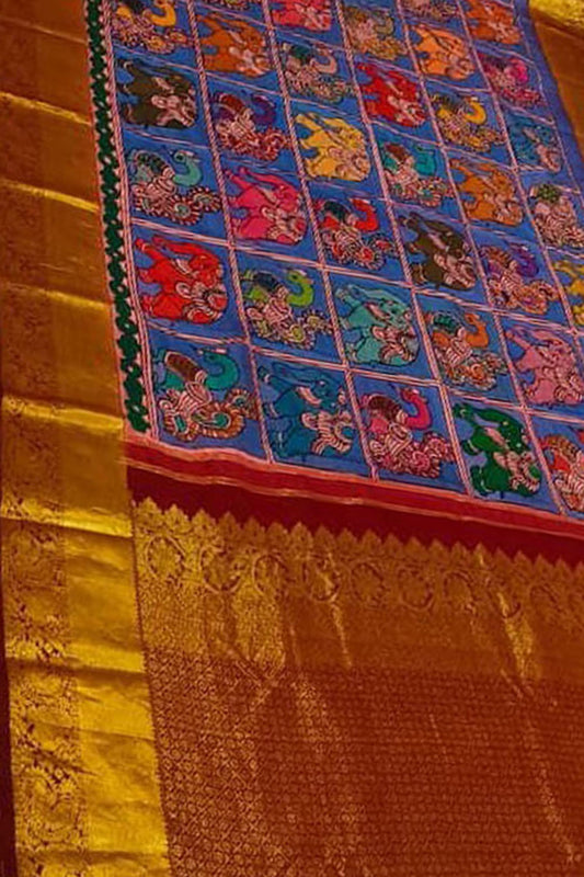 Blue Kanjeevaram Pure Silk Handloom Pen Kalamakari Saree - Luxurion World