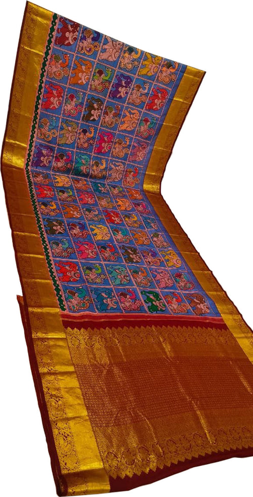 Blue Kanjeevaram Pure Silk Handloom Pen Kalamakari Saree - Luxurion World