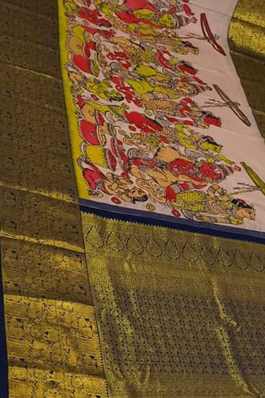 Exquisite Multicolor Kanjeevaram Pure Silk Handloom Pen Kalamakari Saree - Luxurion World