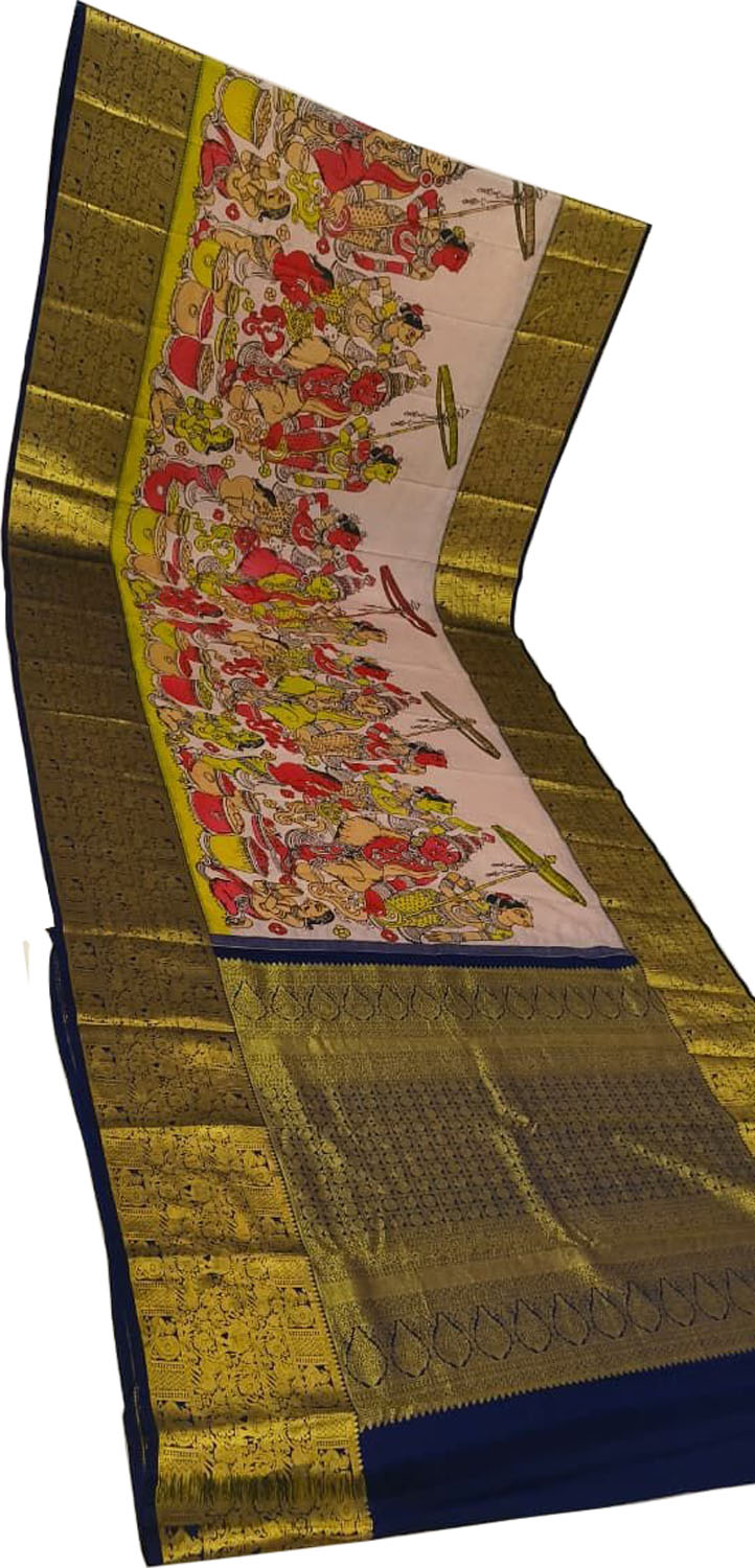 Exquisite Multicolor Kanjeevaram Pure Silk Handloom Pen Kalamakari Saree - Luxurion World
