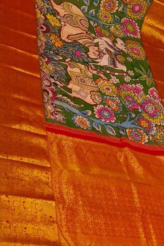 Green Kanjeevaram Pure Silk Handloom Pen Kalamakari Saree - Luxurion World