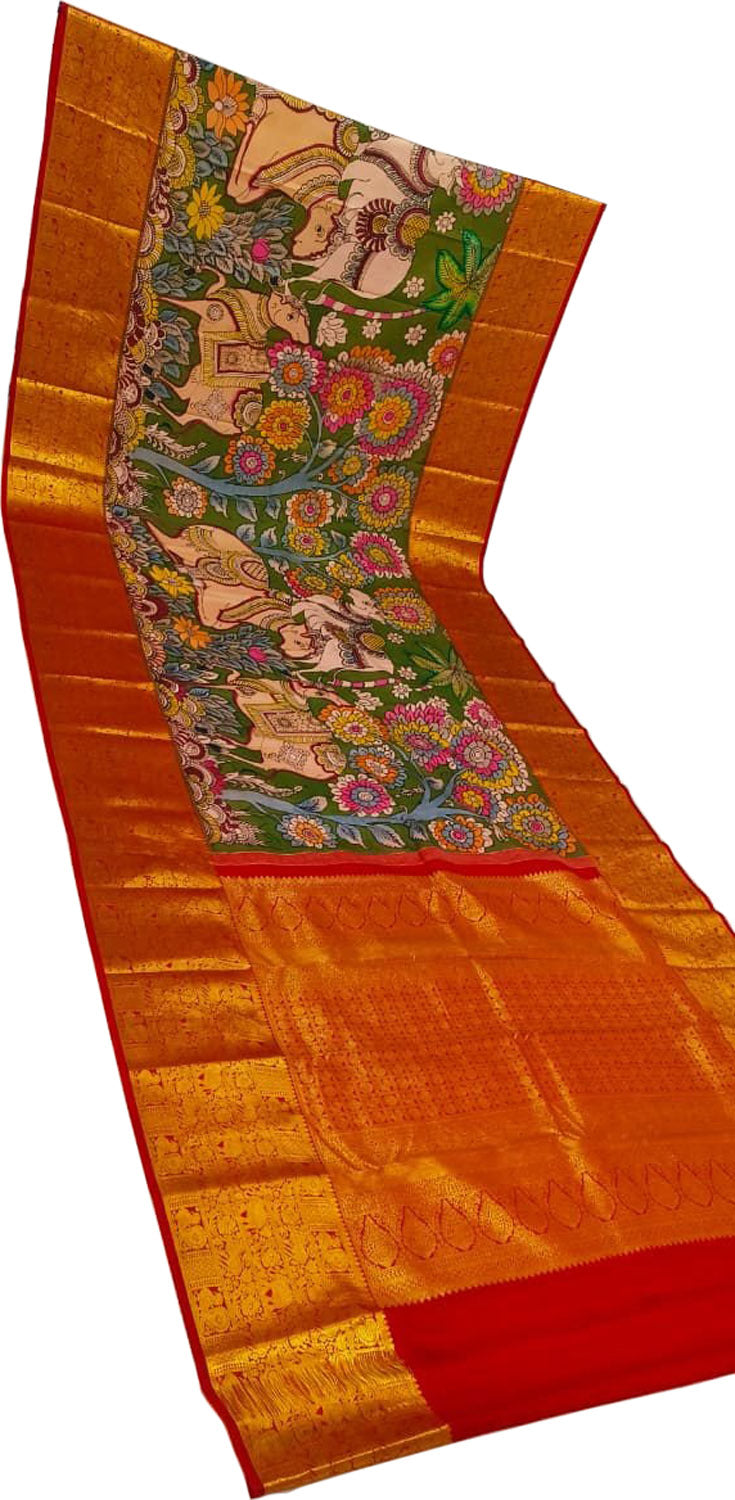 Green Kanjeevaram Pure Silk Handloom Pen Kalamakari Saree - Luxurion World
