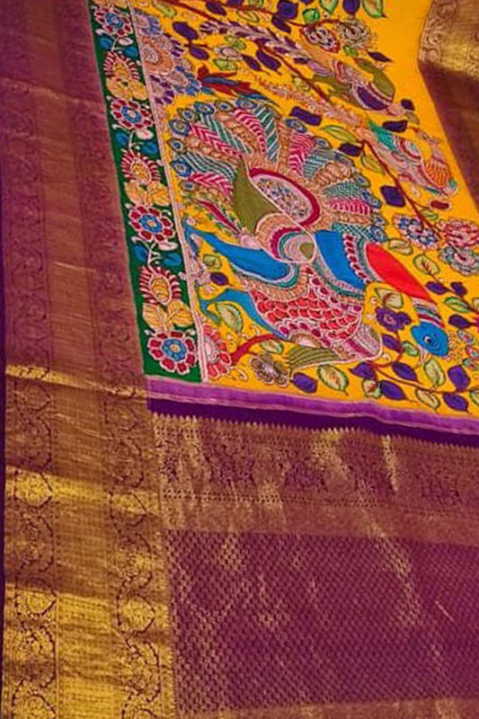 Yellow Kanjeevaram Pure Silk Handloom Pen Kalamakari Saree - Luxurion World