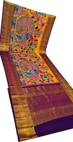 Yellow Kanjeevaram Pure Silk Handloom Pen Kalamakari Saree - Luxurion World