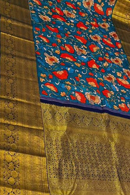 Blue Kanjeevaram Pure Silk Handloom Pen Kalamakari Saree - Luxurion World