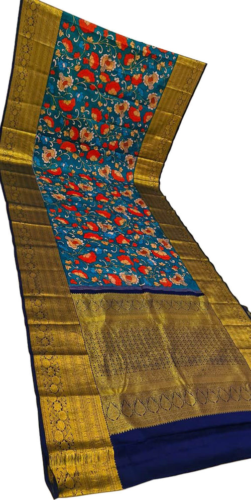Blue Kanjeevaram Pure Silk Handloom Pen Kalamakari Saree - Luxurion World