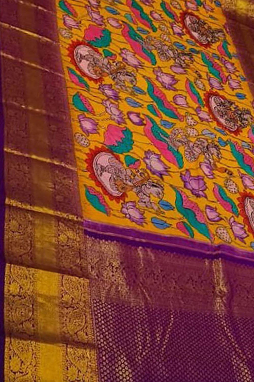 Yellow Kanjeevaram Pure Silk Handloom Pen Kalamakari Saree - Luxurion World