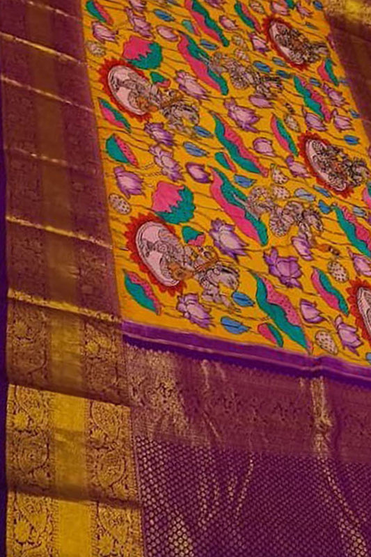 Yellow Kanjeevaram Pure Silk Handloom Pen Kalamakari Saree - Luxurion World