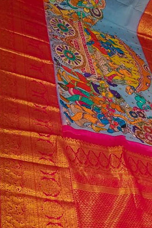 Blue Kanjeevaram Pure Silk Handloom Pen Kalamakari Saree - Luxurion World