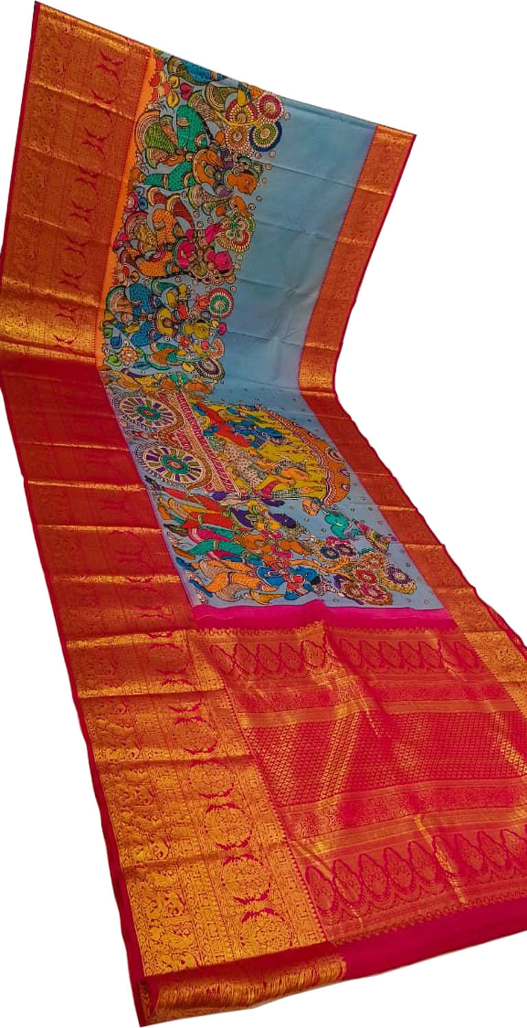 Blue Kanjeevaram Pure Silk Handloom Pen Kalamakari Saree - Luxurion World