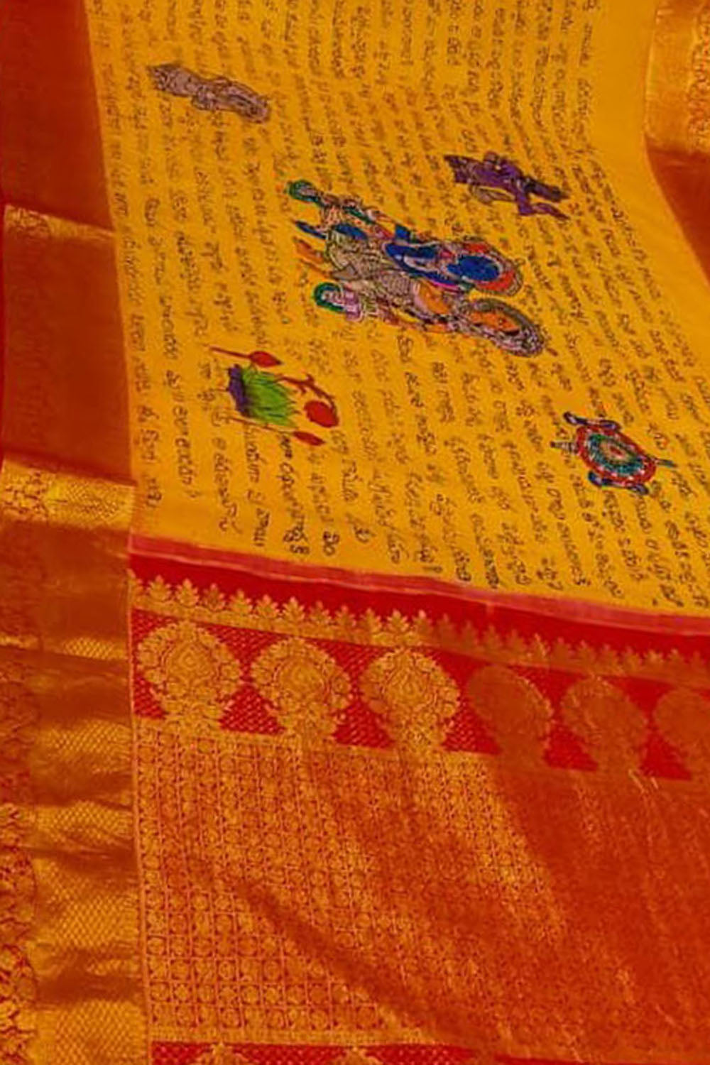 Yellow Kanjeevaram Pure Silk Handloom Pen Kalamakari Saree - Luxurion World