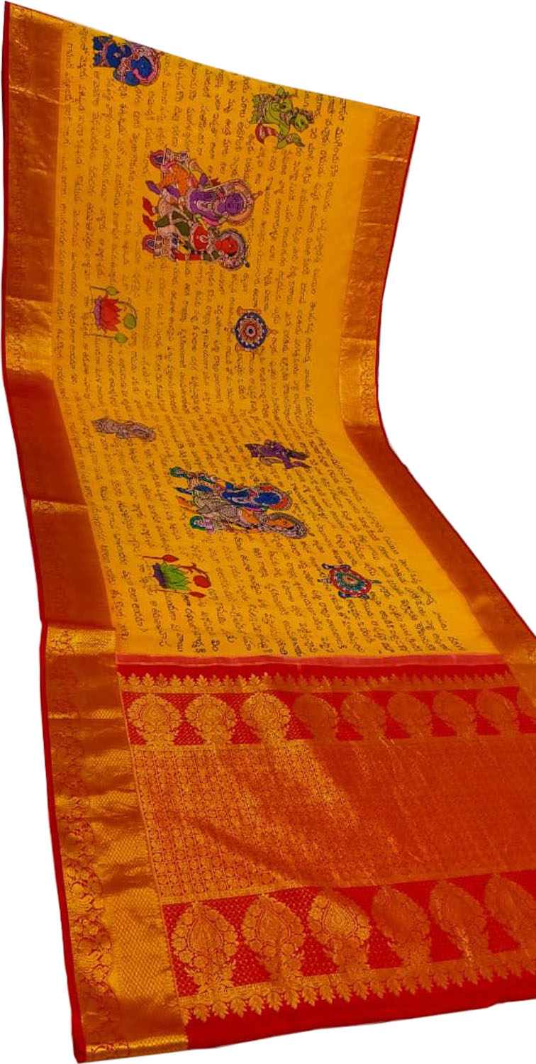 Yellow Kanjeevaram Pure Silk Handloom Pen Kalamakari Saree - Luxurion World