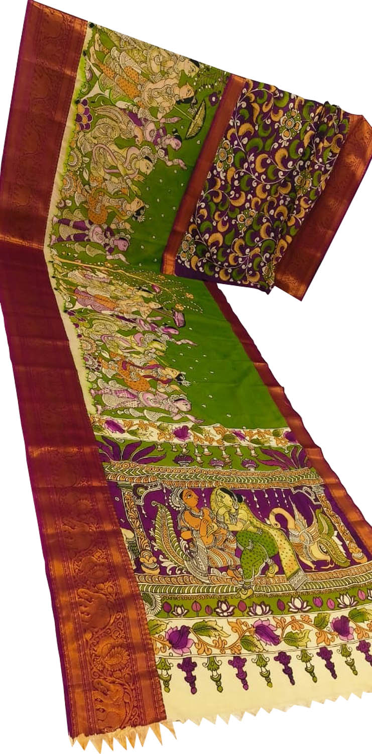 Multicolor Pure Mangalgiri Pure Silk With Pen Kalamakari Saree - Luxurion World