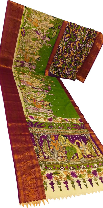 Multicolor Pure Mangalgiri Pure Silk With Pen Kalamakari Saree - Luxurion World