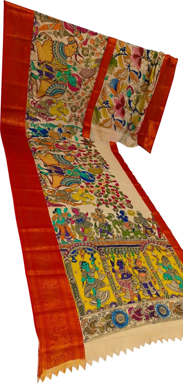 Multicolor Pure Mangalgiri Pure Silk With Pen Kalamakari Saree - Luxurion World