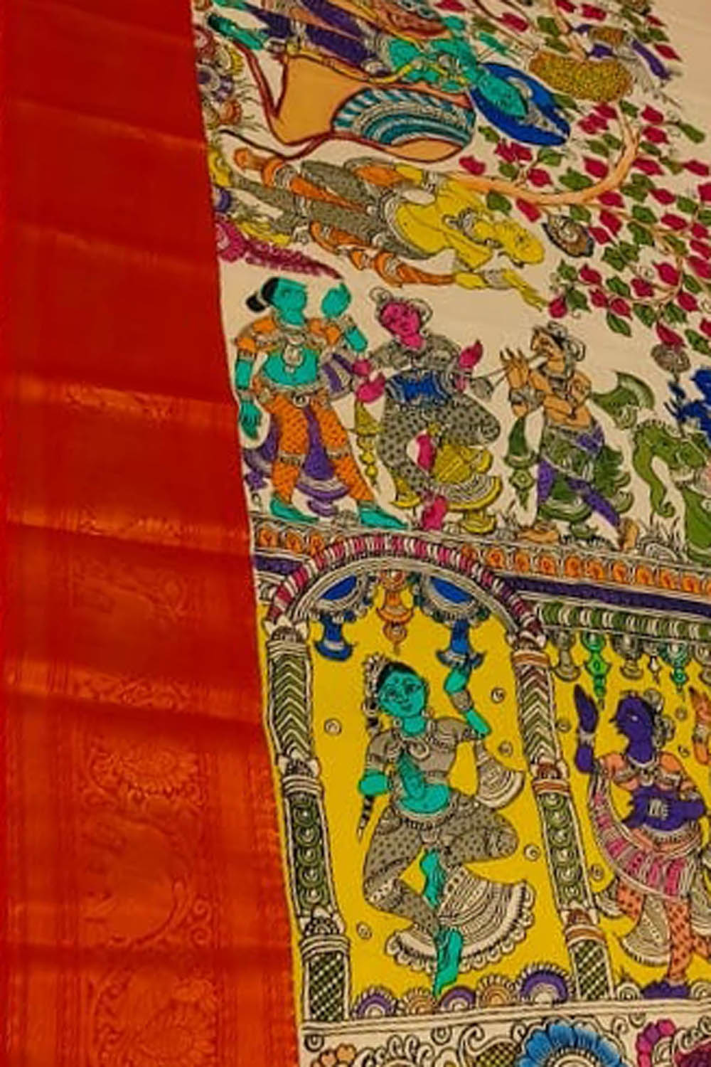 Multicolor Pure Mangalgiri Pure Silk With Pen Kalamakari Saree - Luxurion World