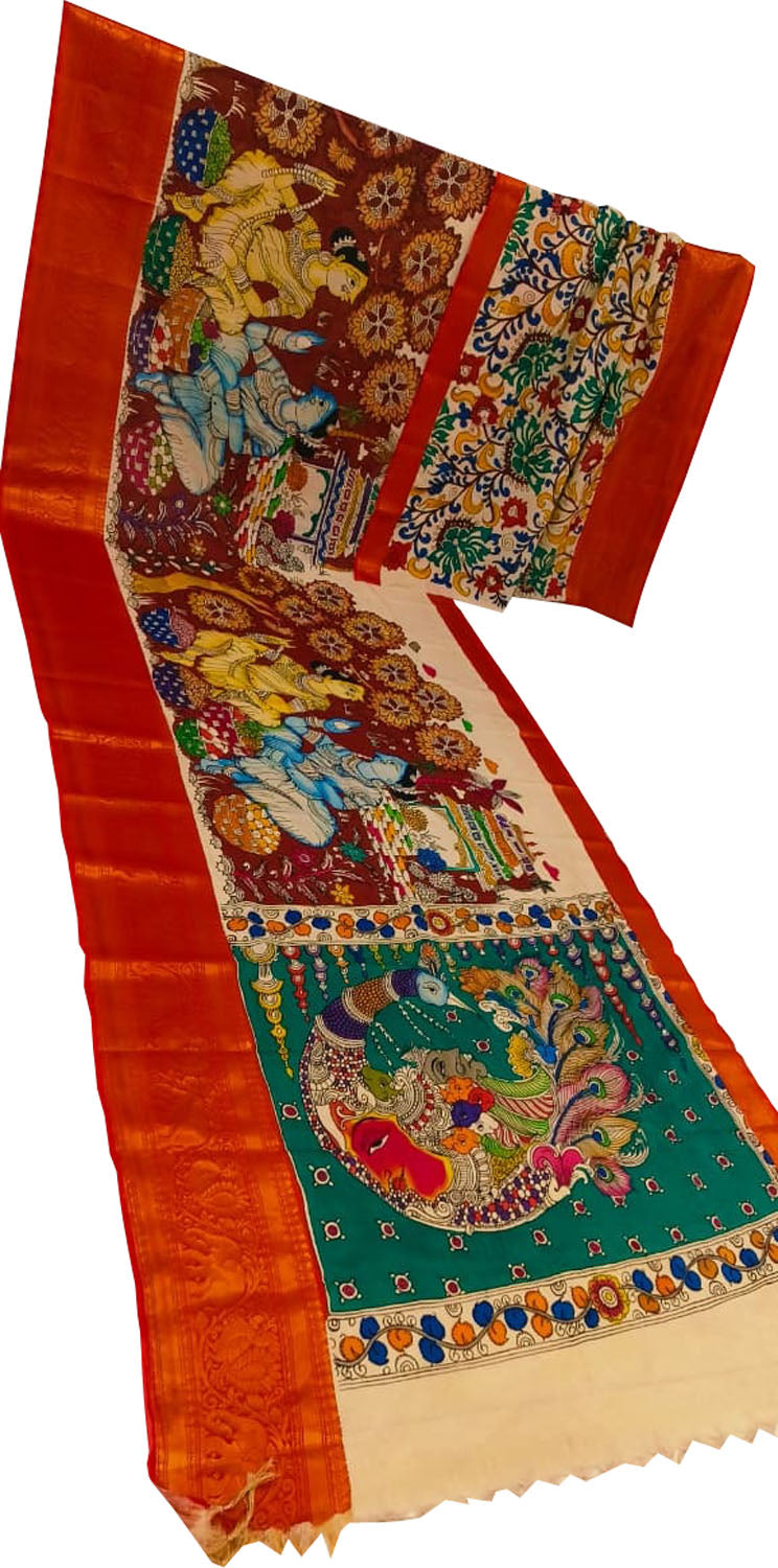 Multicolor Pure Mangalgiri Pure Silk With Pen Kalamakari Saree - Luxurion World