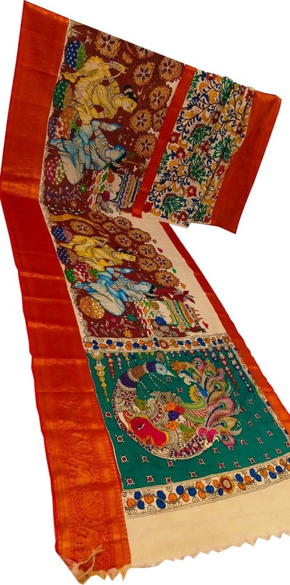 Multicolor Pure Mangalgiri Pure Silk With Pen Kalamakari Saree - Luxurion World