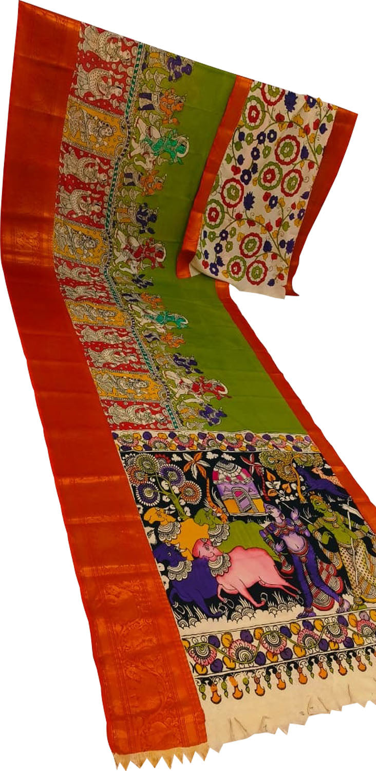 Multicolor Pure Mangalgiri Pure Silk With Pen Kalamakari Saree - Luxurion World