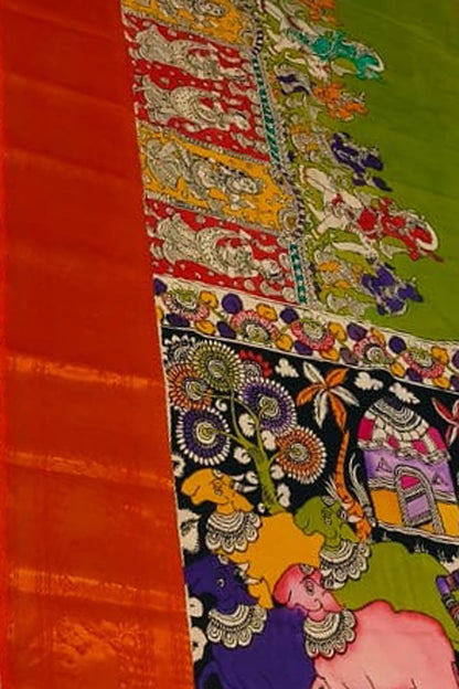 Multicolor Pure Mangalgiri Pure Silk With Pen Kalamakari Saree - Luxurion World