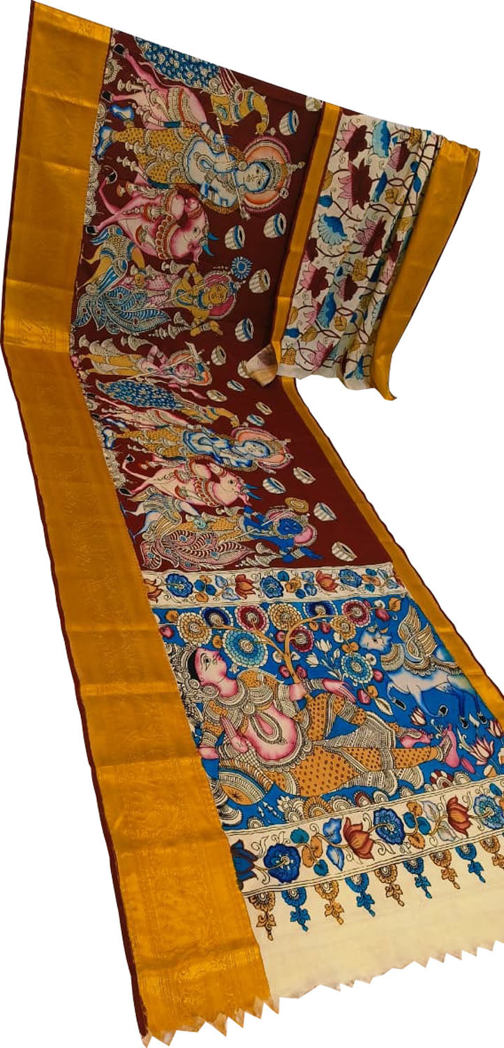 Multicolor Pure Mangalgiri Pure Silk With Pen Kalamakari Saree - Luxurion World