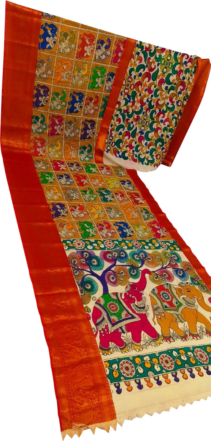Multicolor Pure Mangalgiri Pure Silk With Pen Kalamakari Saree - Luxurion World