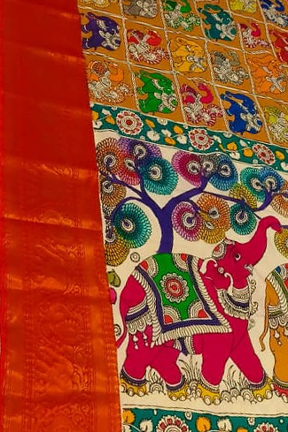 Multicolor Pure Mangalgiri Pure Silk With Pen Kalamakari Saree - Luxurion World