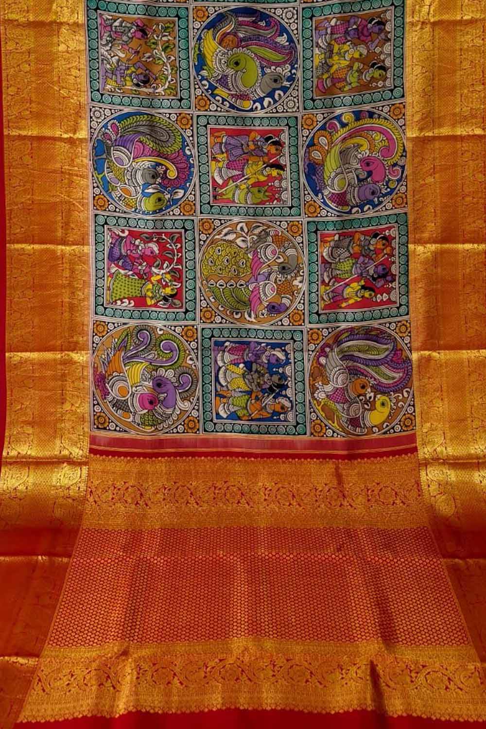 Multicolor Pure Kanjeevaram Silk With Pen Kalamakari Hand Painted Saree - Luxurion World