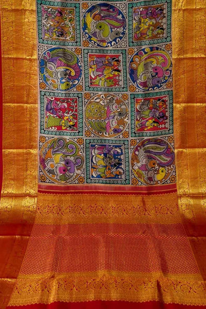 Multicolor Pure Kanjeevaram Silk With Pen Kalamakari Hand Painted Saree - Luxurion World