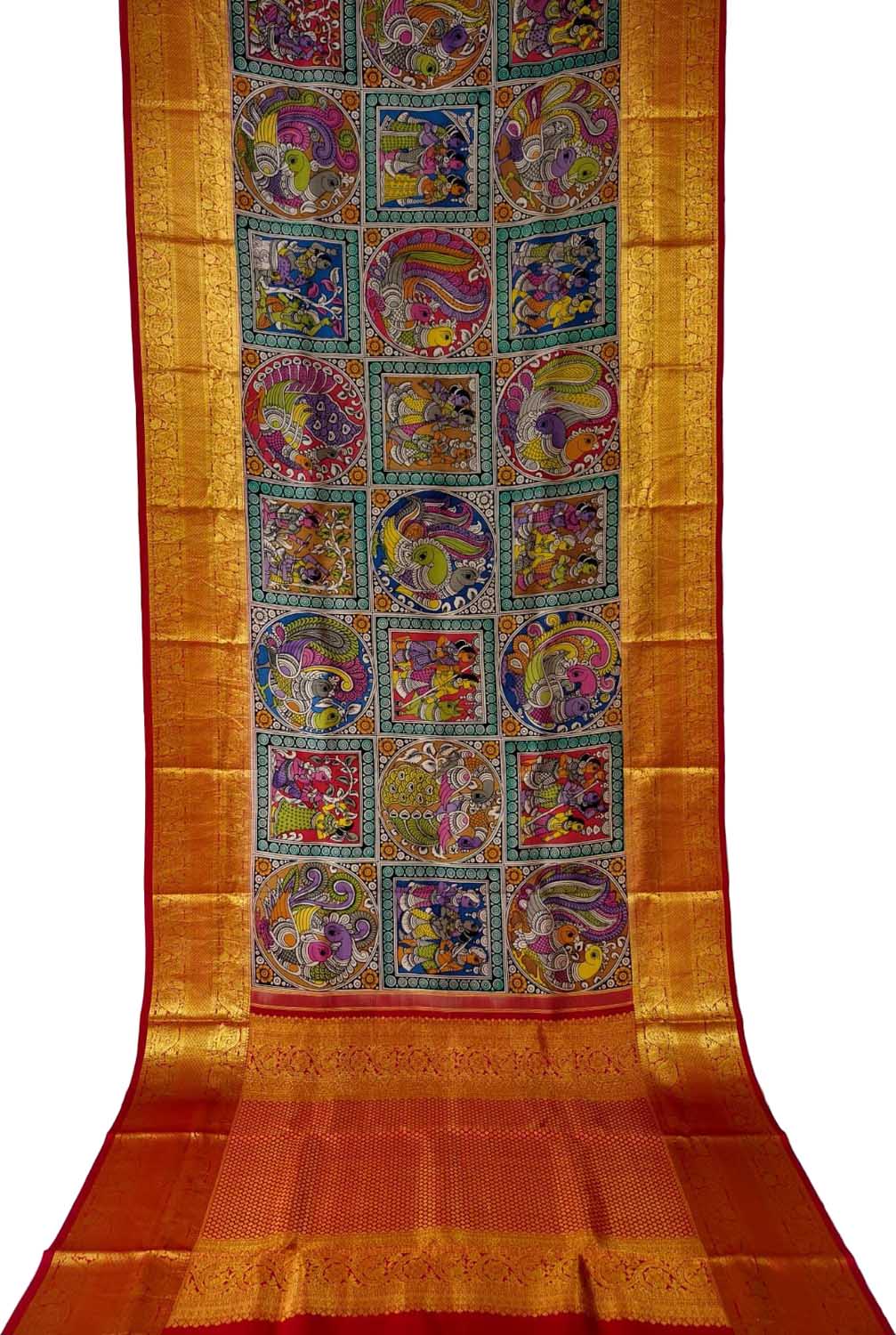 Multicolor Pure Kanjeevaram Silk With Pen Kalamakari Hand Painted Saree - Luxurion World