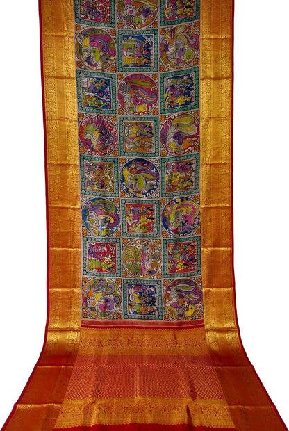 Multicolor Pure Kanjeevaram Silk With Pen Kalamakari Hand Painted Saree - Luxurion World