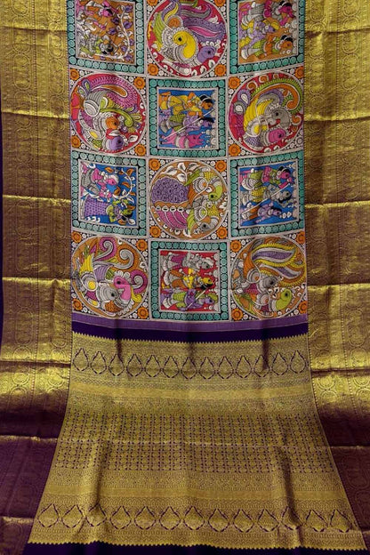 Multicolor Pure Kanjeevaram Silk With Pen Kalamakari Hand Painted Saree - Luxurion World