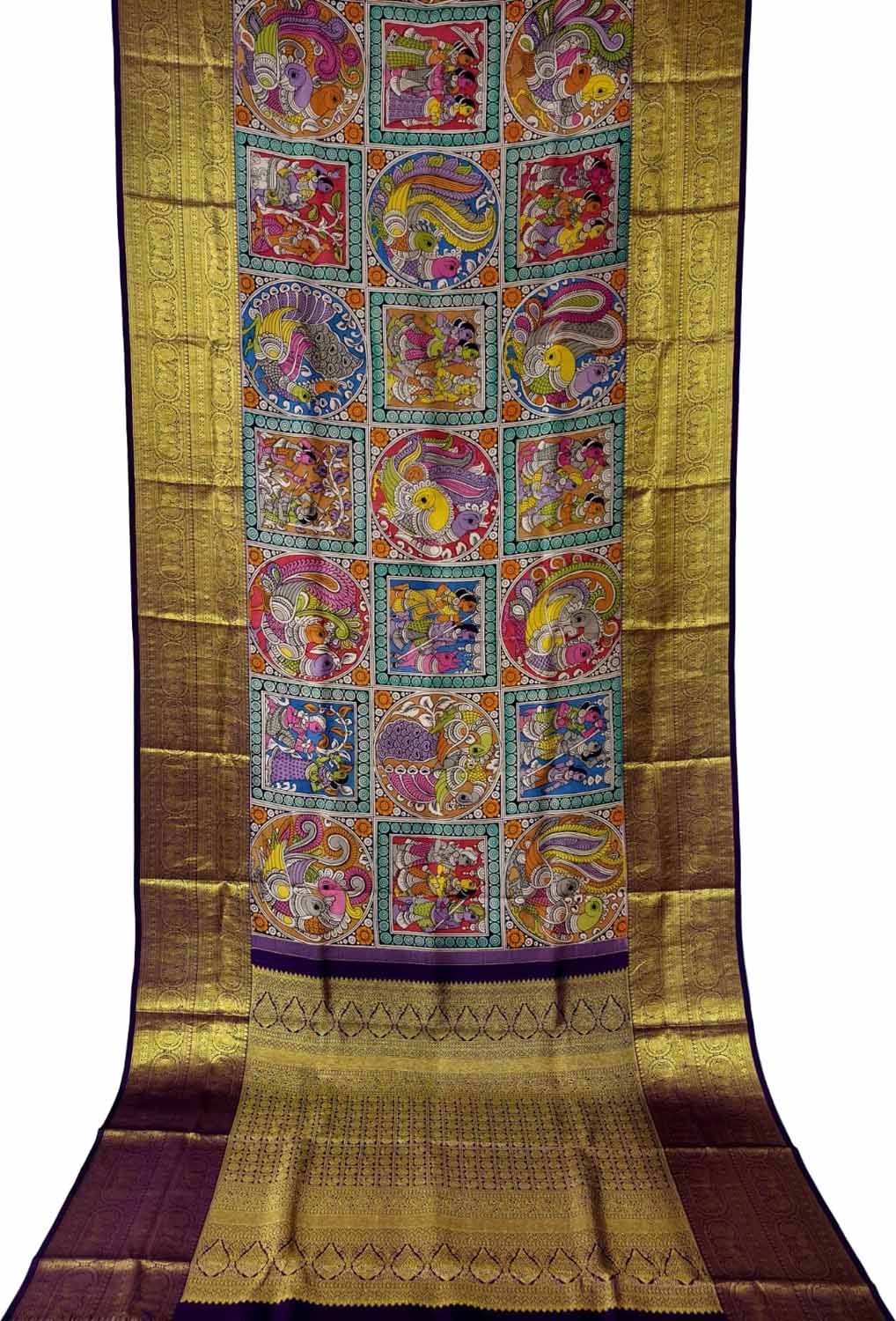 Multicolor Pure Kanjeevaram Silk With Pen Kalamakari Hand Painted Saree - Luxurion World