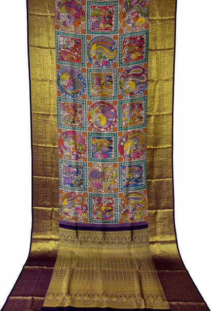 Multicolor Pure Kanjeevaram Silk With Pen Kalamakari Hand Painted Saree - Luxurion World