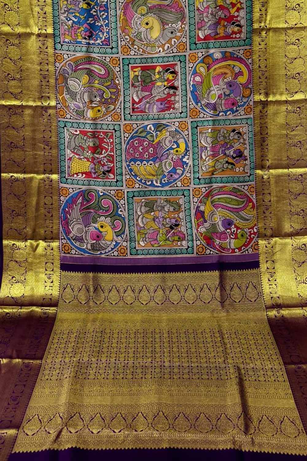 Multicolor Pure Kanjeevaram Silk With Pen Kalamakari Hand Painted Saree - Luxurion World
