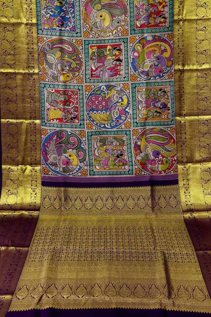 Multicolor Pure Kanjeevaram Silk With Pen Kalamakari Hand Painted Saree - Luxurion World